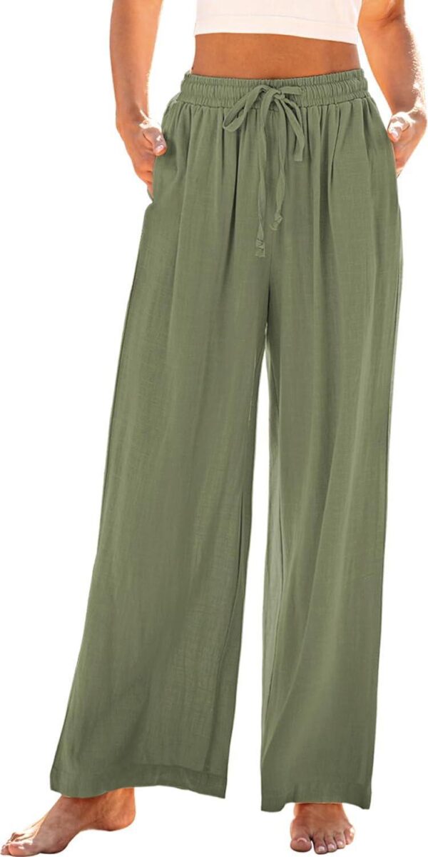 GRAPENT Wide Leg Pants Woman Linen High Waisted Pull On Flowy Casual Baggy Drawstring Palazzo Trousers Pants Resort Wear
