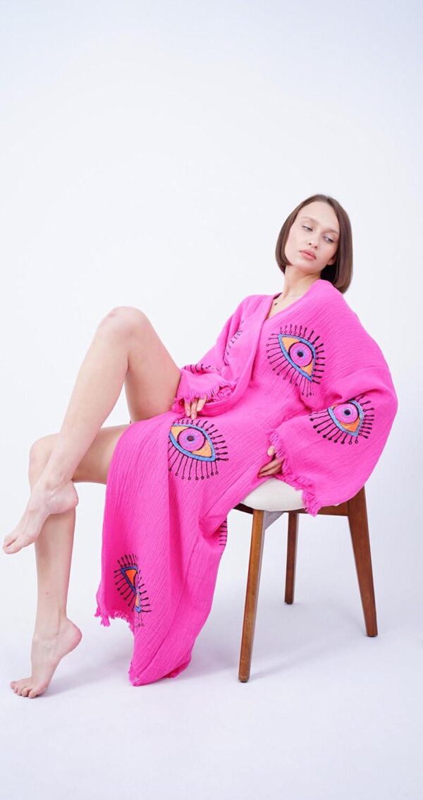 Handmade Evil Eye Boho Festival Kimono Boho Beachwear Beachwear Cover Up Ethnic Kimono Cardigan Bathrobe Morning Robe - Image 5