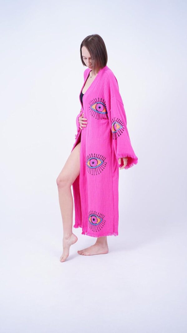 Handmade Evil Eye Boho Festival Kimono Boho Beachwear Beachwear Cover Up Ethnic Kimono Cardigan Bathrobe Morning Robe - Image 6