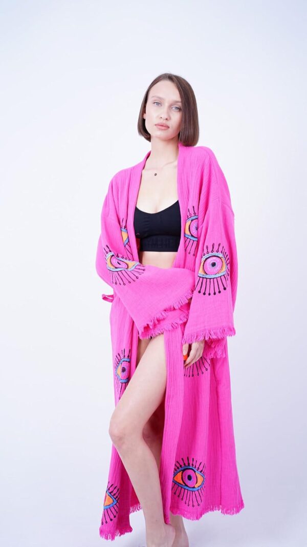 Handmade Evil Eye Boho Festival Kimono Boho Beachwear Beachwear Cover Up Ethnic Kimono Cardigan Bathrobe Morning Robe - Image 9