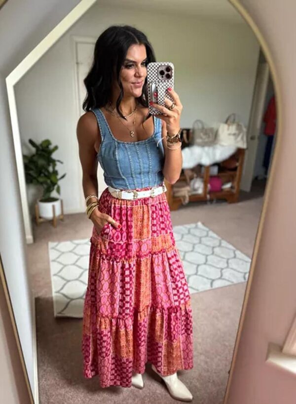Happy Sailed Womens Floral Print Boho Maxi Skirt Elastic High Waist Pleated Ruffle Flowy Long Skirts S-XL - Image 5
