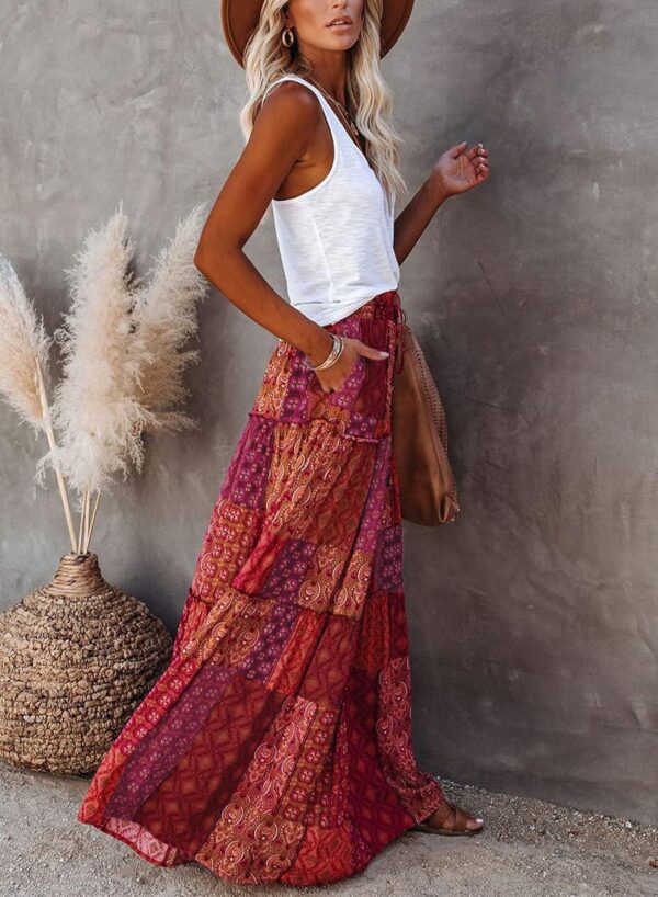 Happy Sailed Womens Floral Print Boho Maxi Skirt Elastic High Waist Pleated Ruffle Flowy Long Skirts S-XL - Image 3