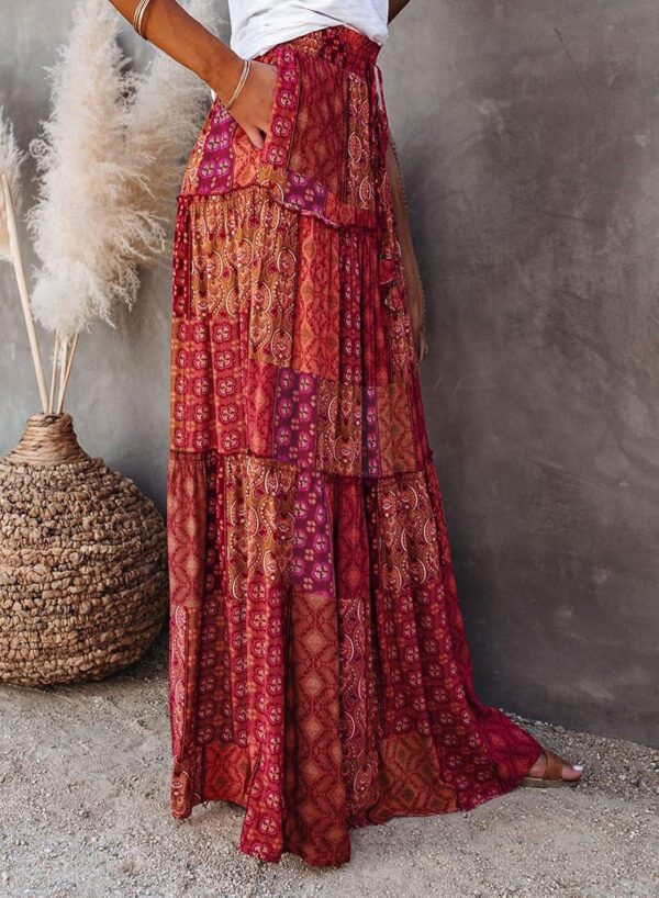 Happy Sailed Womens Floral Print Boho Maxi Skirt Elastic High Waist Pleated Ruffle Flowy Long Skirts S-XL - Image 7