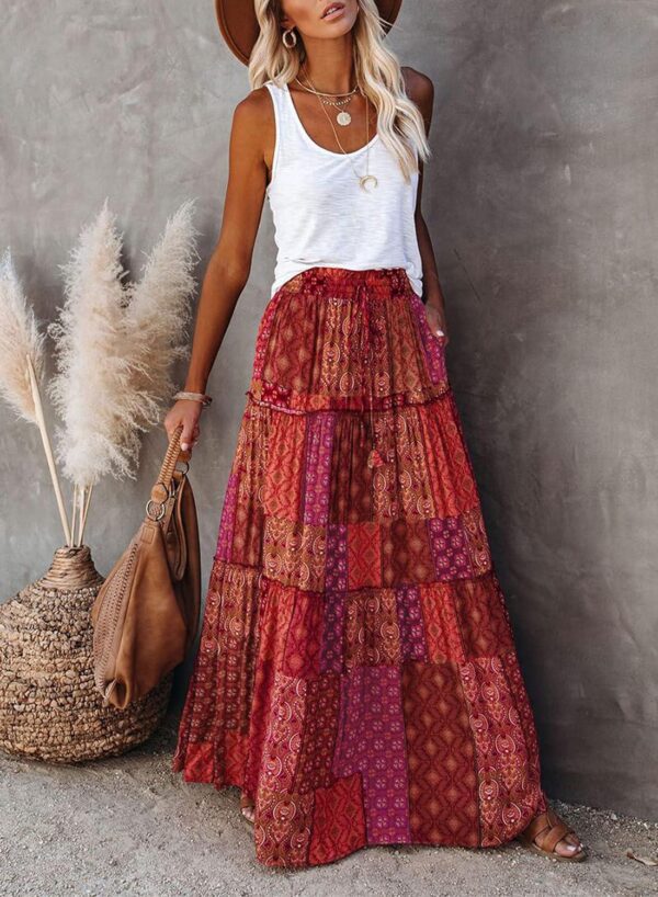 Happy Sailed Womens Floral Print Boho Maxi Skirt Elastic High Waist Pleated Ruffle Flowy Long Skirts S-XL - Image 2