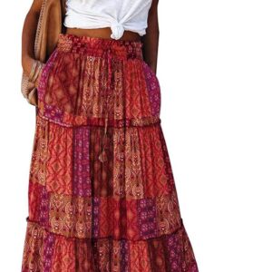 Happy Sailed Womens Floral Print Boho Maxi Skirt Elastic High Waist Pleated Ruffle Flowy Long Skirts S-XL