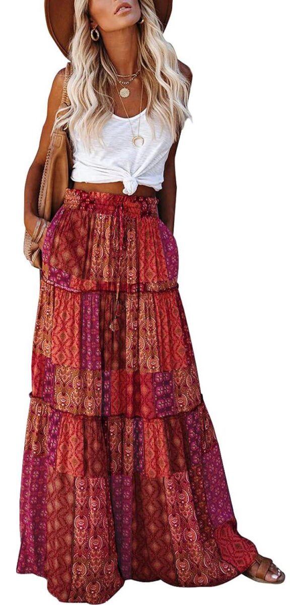 Happy Sailed Womens Floral Print Boho Maxi Skirt Elastic High Waist Pleated Ruffle Flowy Long Skirts S-XL