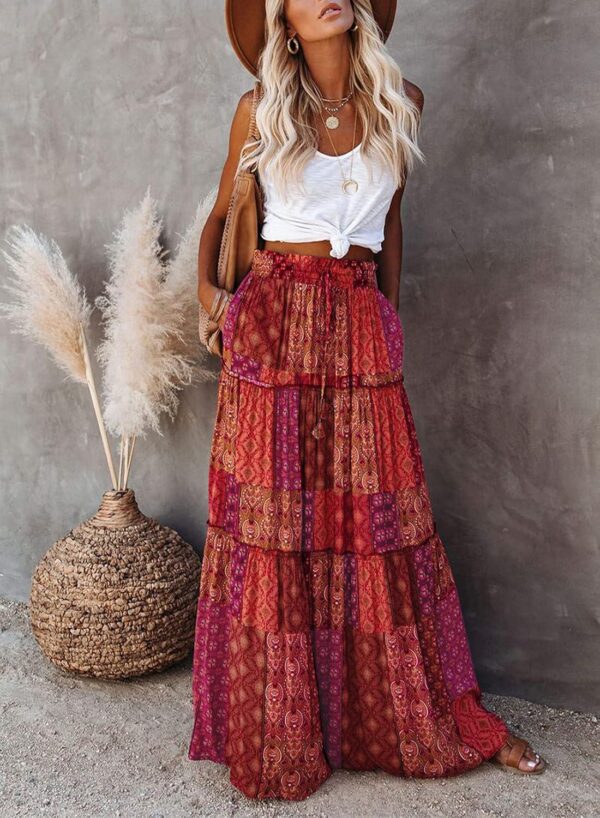 Happy Sailed Womens Floral Print Boho Maxi Skirt Elastic High Waist Pleated Ruffle Flowy Long Skirts S-XL - Image 4