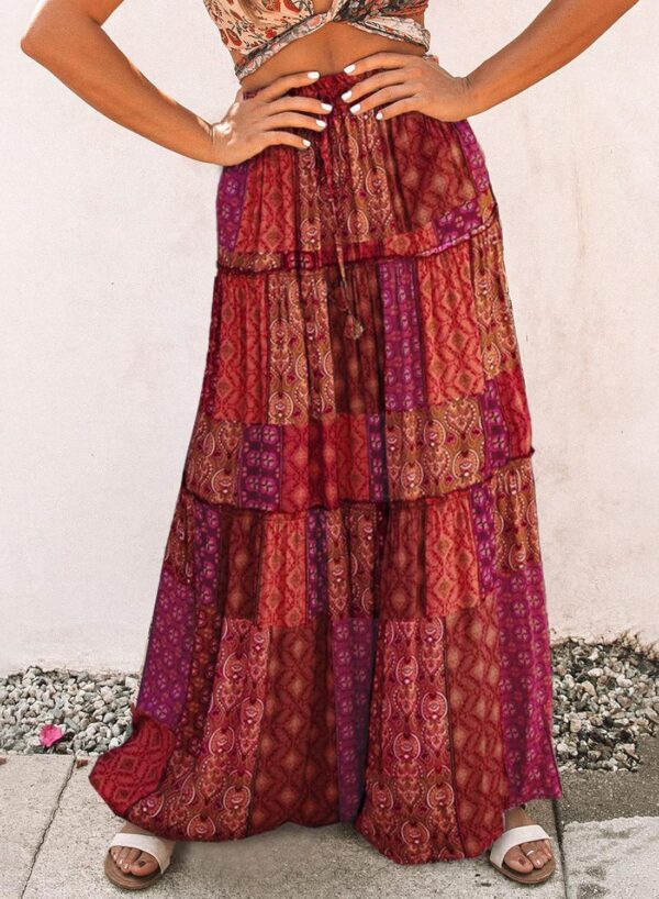 Happy Sailed Womens Floral Print Boho Maxi Skirt Elastic High Waist Pleated Ruffle Flowy Long Skirts S-XL - Image 6