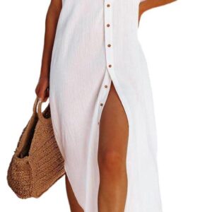 Herseas Womens Casual Short Sleeve Button Down Dress Side Split Long Kimonos Cardigans Swimsuit Cover Ups Beach Dress