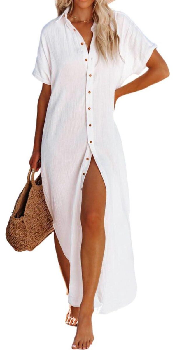 Herseas Womens Casual Short Sleeve Button Down Dress Side Split Long Kimonos Cardigans Swimsuit Cover Ups Beach Dress