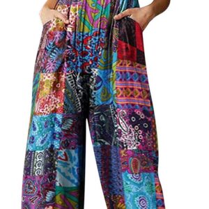 Himosyber Women's Patchwork Dual Pocket Jumpsuit Loose Floral Print Bohemian Wide Leg Bib Overall