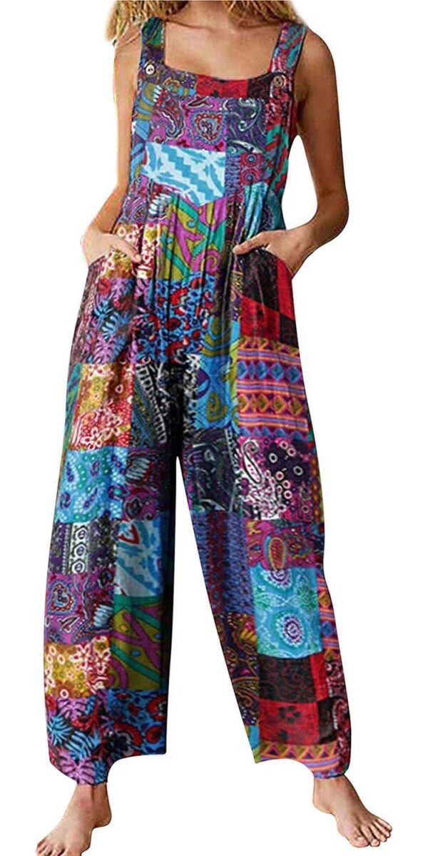 Himosyber Women's Patchwork Dual Pocket Jumpsuit Loose Floral Print Bohemian Wide Leg Bib Overall
