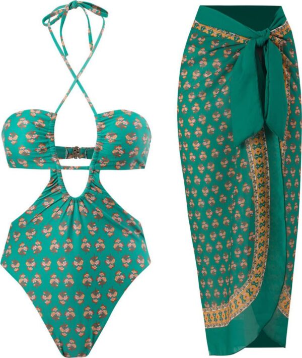 IDOPIP Women's One Piece Swimsuit with Beach Cover up Wrap Skirt Sarong Retro Floral Print Bikini Set Two Piece Bathing Suit