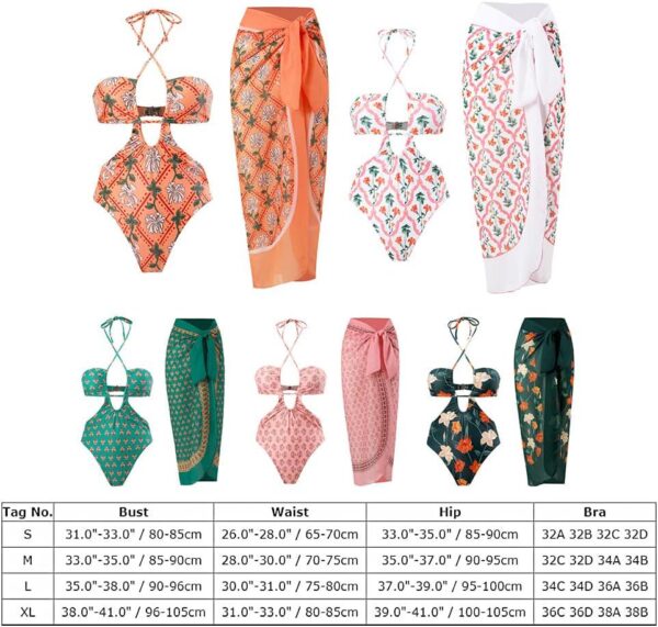 IDOPIP Women's One Piece Swimsuit with Beach Cover up Wrap Skirt Sarong Retro Floral Print Bikini Set Two Piece Bathing Suit - Image 7