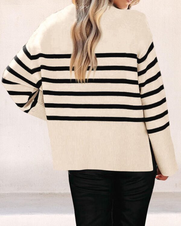 KIRUNDO Women's 2024 Fall Winter Casual Oversized Long Sleeve Striped Sweater Crew Neck Ribbed Knit Side Slit Pullover - Image 5