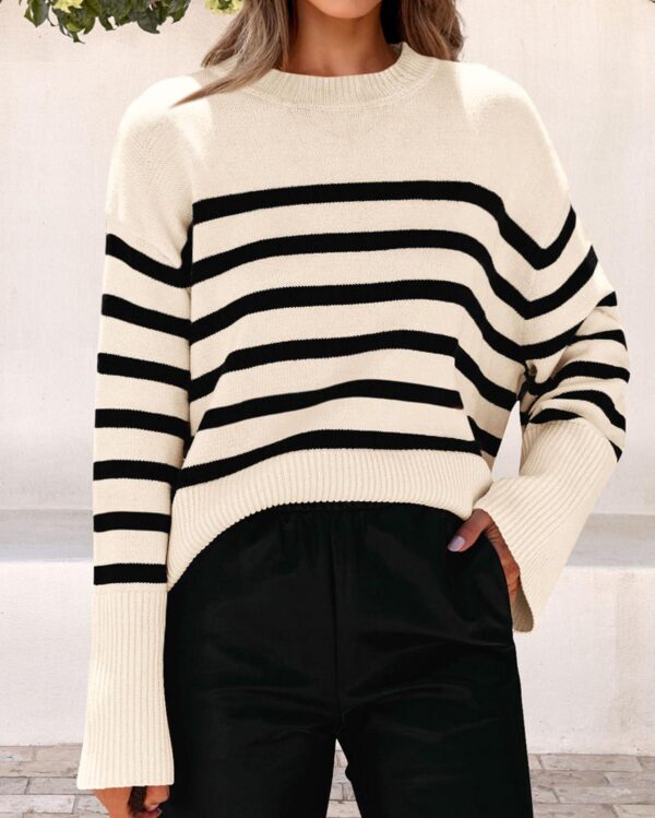 KIRUNDO Women's 2024 Fall Winter Casual Oversized Long Sleeve Striped Sweater Crew Neck Ribbed Knit Side Slit Pullover - Image 4