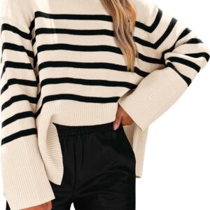 KIRUNDO Women's 2024 Fall Winter Casual Oversized Long Sleeve Striped Sweater Crew Neck Ribbed Knit Side Slit Pullover