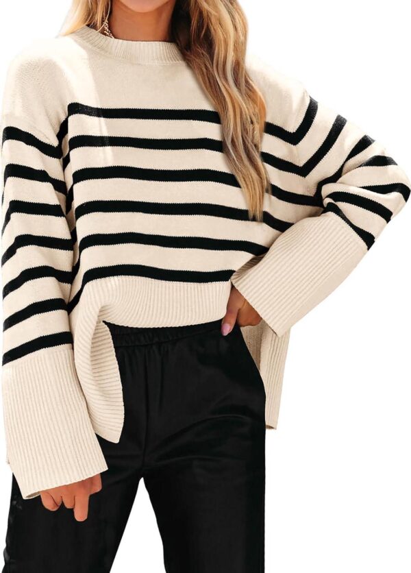 KIRUNDO Women's 2024 Fall Winter Casual Oversized Long Sleeve Striped Sweater Crew Neck Ribbed Knit Side Slit Pullover