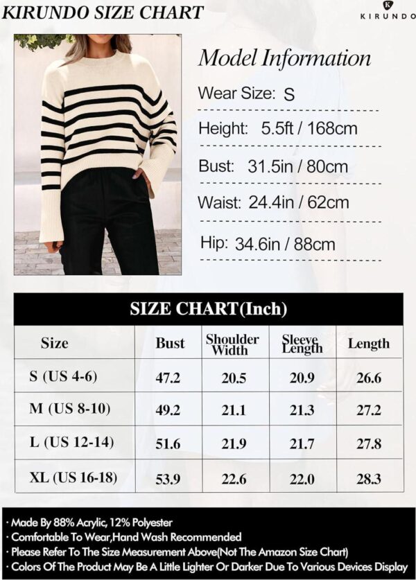 KIRUNDO Women's 2024 Fall Winter Casual Oversized Long Sleeve Striped Sweater Crew Neck Ribbed Knit Side Slit Pullover - Image 6