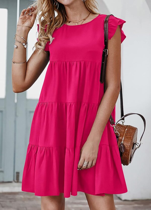 KIRUNDO Women's Summer Dresses Sleeveless Ruffle Sleeve Round Neck Solid Loose Short Flowy Pleated Mini Babydoll Dress - Image 4