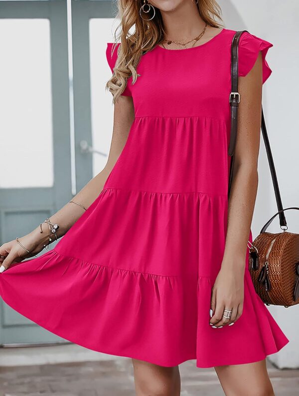 KIRUNDO Women's Summer Dresses Sleeveless Ruffle Sleeve Round Neck Solid Loose Short Flowy Pleated Mini Babydoll Dress - Image 5