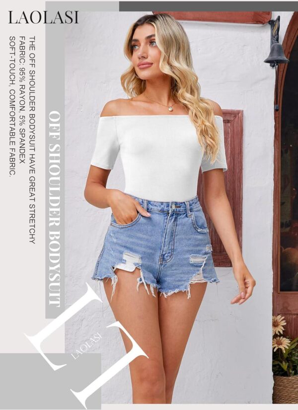 LAOALSI Women's Off Shoulder Bodysuit Short Sleeve Slim Fit Casual Basic Body suit Tops T Shirts - Image 4
