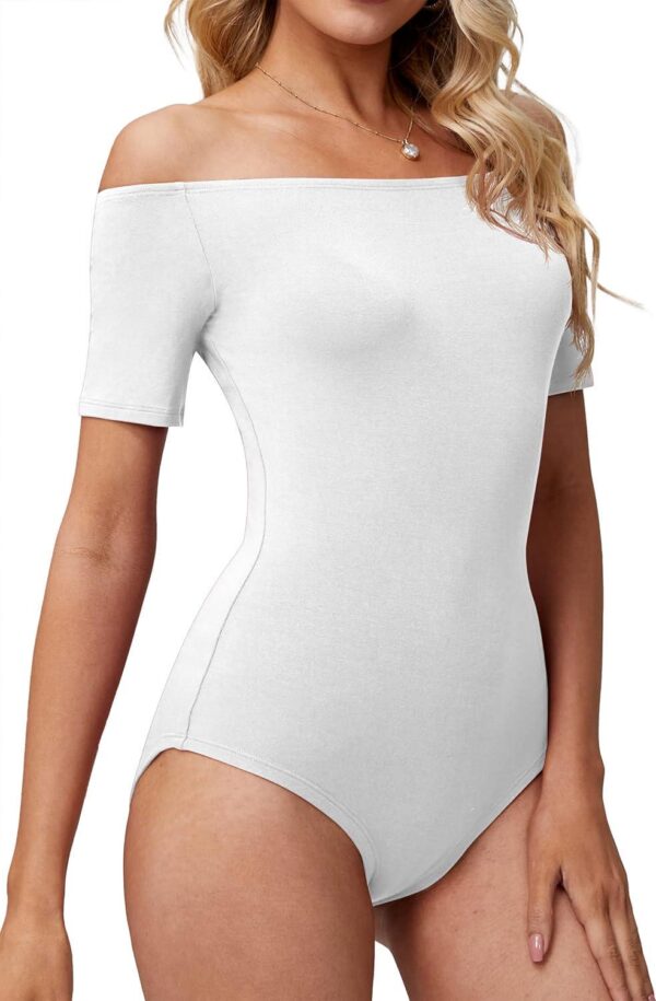 LAOALSI Women's Off Shoulder Bodysuit Short Sleeve Slim Fit Casual Basic Body suit Tops T Shirts - Image 2