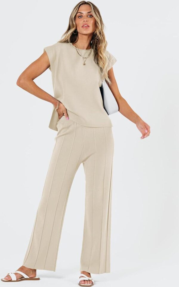 LILLUSORY 2 Piece Outfits for Women Casual Dressy Knit Lounge Sets Cap Sleeve High Low Top and Elastic Waisted Pleated Pants - Image 2