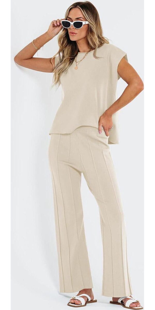 LILLUSORY 2 Piece Outfits for Women Casual Dressy Knit Lounge Sets Cap Sleeve High Low Top and Elastic Waisted Pleated Pants - Image 3