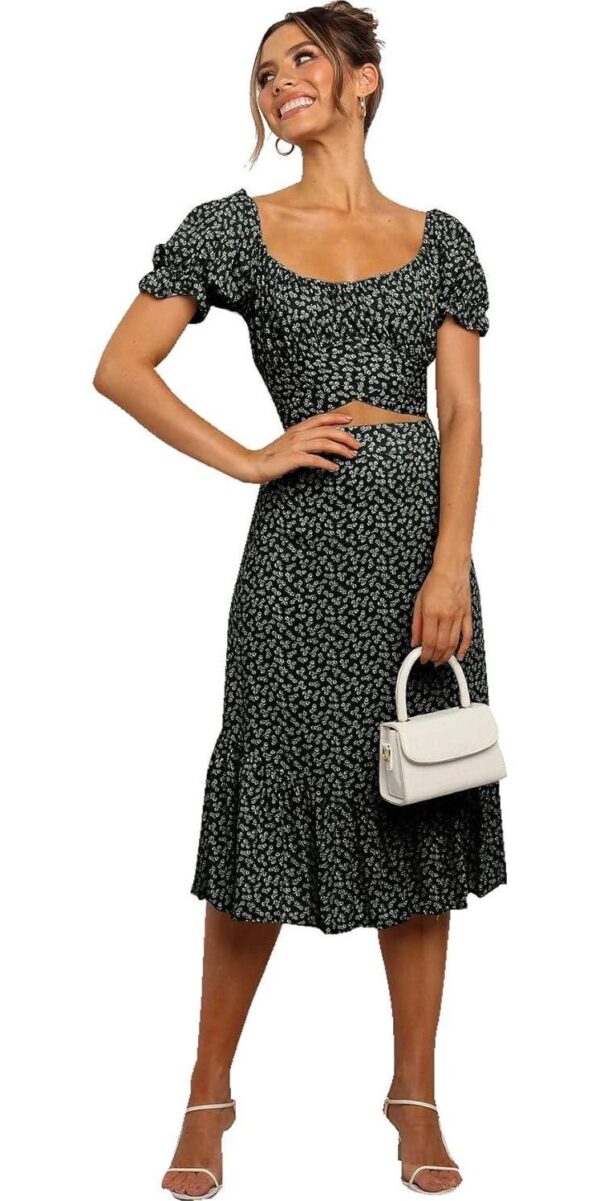 LYANER Women's 2 Piece Outfits Floral Self Tie Knot Crop Top and Midi Skirt Set