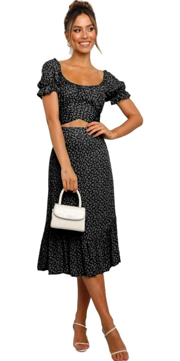 LYANER Women's 2 Piece Outfits Floral Self Tie Knot Crop Top and Midi Skirt Set - Image 4