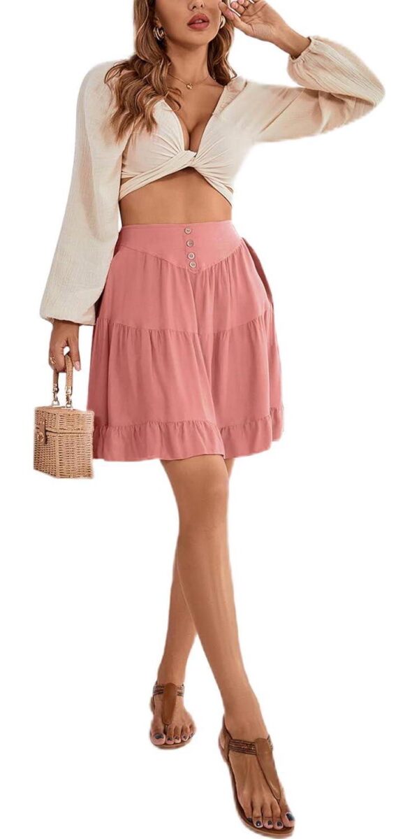 LYANER Women's Casual High Waist A Line Ruffle Hem Swing Skater Short Mini Skirt - Image 6