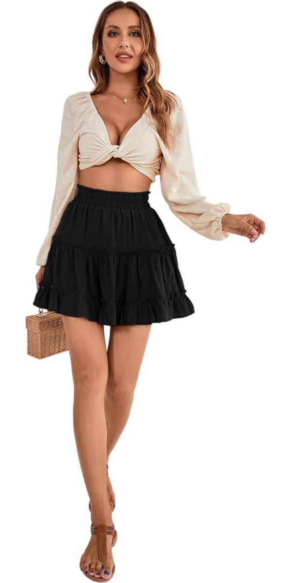 LYANER Women's Elastic Waist Pleated Layer Ruffle Hem Flowy A Line Short Skirt - Image 6