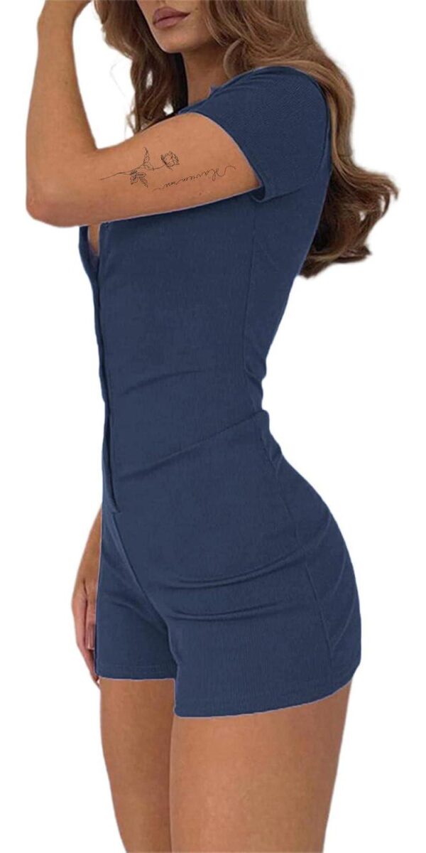 LilyCoco Womens Button Up Bodycon Romper Shorts Short Sleeve Collared Sexy One Piece - Image 3