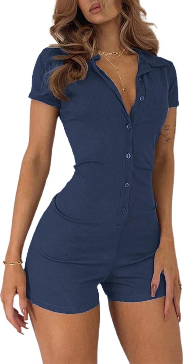 LilyCoco Womens Button Up Bodycon Romper Shorts Short Sleeve Collared Sexy One Piece