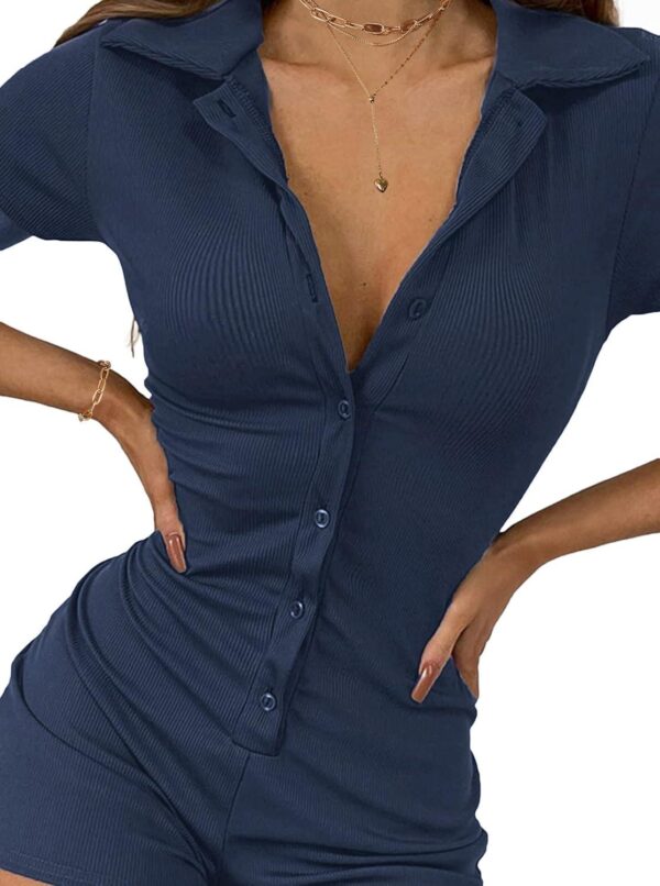 LilyCoco Womens Button Up Bodycon Romper Shorts Short Sleeve Collared Sexy One Piece - Image 4