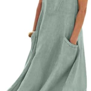 Linen Dress for Women Summer Sleeveless Solid Casual Baggy Flowy Maxi Dresses with Pockets