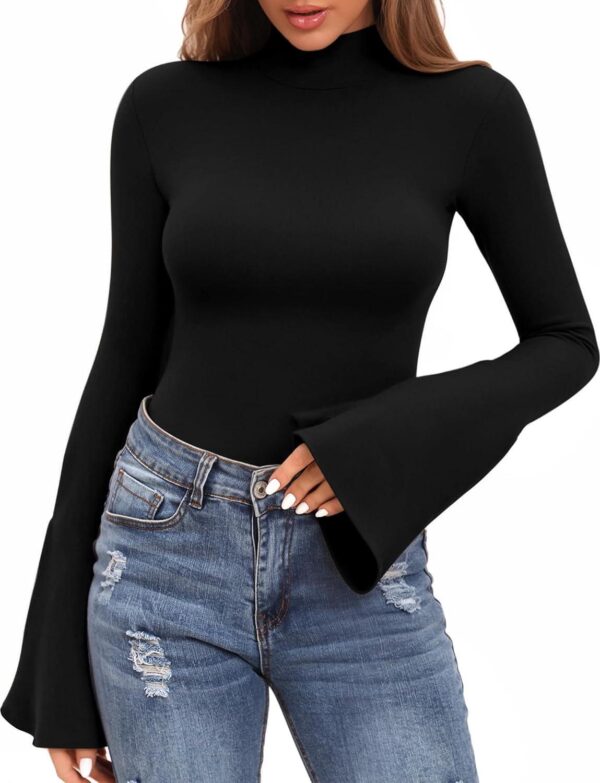 MANGOPOP Bell Sleeve Mock Neck Long Sleeve Bodysuit for Going Out Tops for Women - Image 2