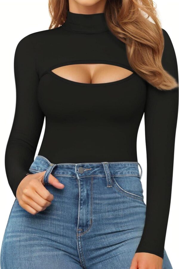 MANGOPOP Mock Neck Cutout Front Top Long Sleeve Short Sleeve Bodysuits for Women - Image 2