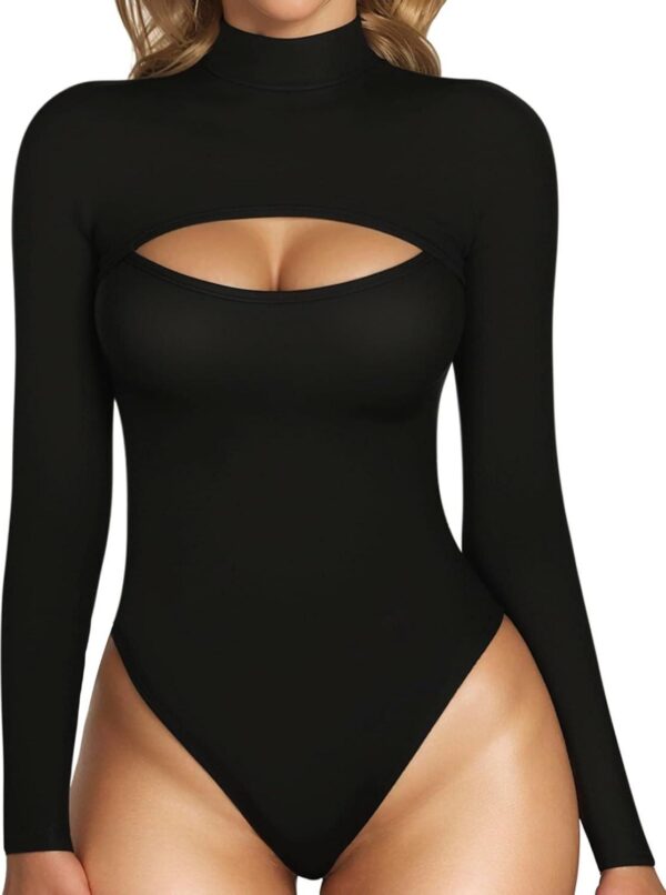 MANGOPOP Mock Neck Cutout Front Top Long Sleeve Short Sleeve Bodysuits for Women