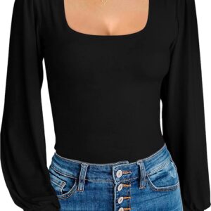 MANGOPOP Square Neck Puff Sleeve Bodysuit Loose Lantern Long Sleeve Body Suit for Women for Going Out