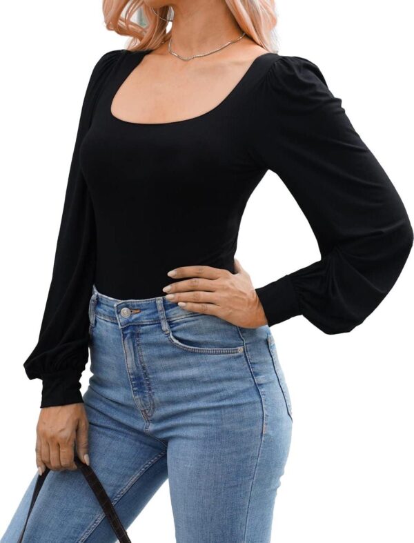 MANGOPOP Square Neck Puff Sleeve Bodysuit Loose Lantern Long Sleeve Body Suit for Women for Going Out - Image 3