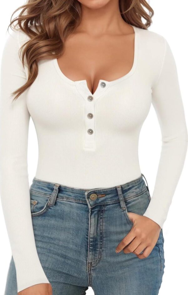 MANGOPOP Women's Henley Shirt Scoop Neck Button Down Ribbed Long Sleeve Bodysuits - Image 2