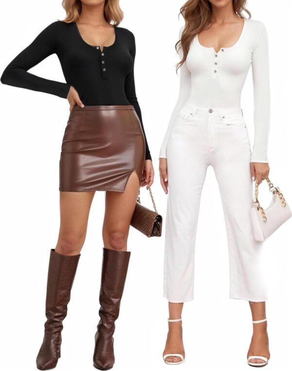 MANGOPOP Women's Henley Shirt Scoop Neck Button Down Ribbed Long Sleeve Bodysuits - Image 4