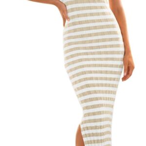 MEROKEETY Women's 2024 Summer Striped Knit Bodycon Midi Dress Square Neck Side Slit Tank Ribbed Sweater Dresses