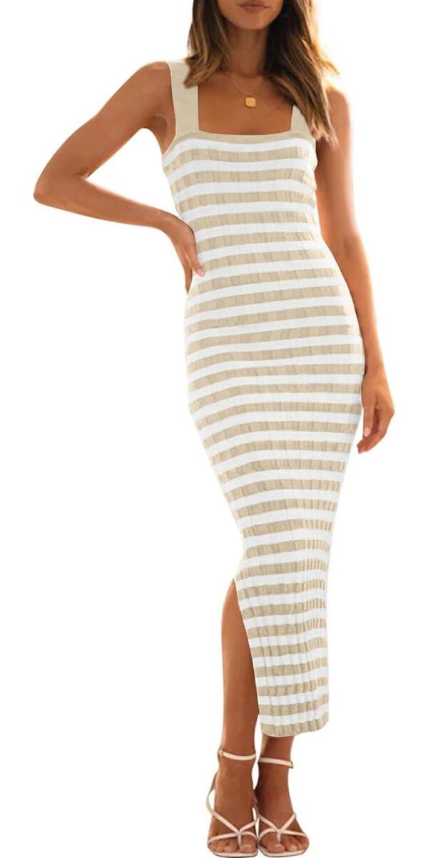 MEROKEETY Women's 2024 Summer Striped Knit Bodycon Midi Dress Square Neck Side Slit Tank Ribbed Sweater Dresses