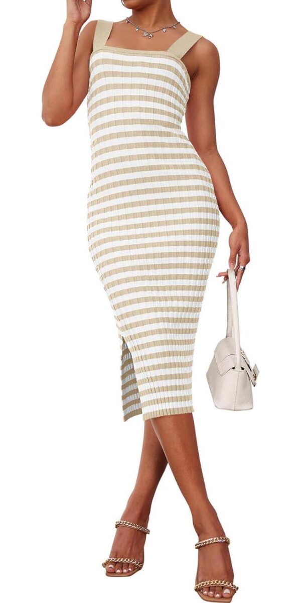 MEROKEETY Women's 2024 Summer Striped Knit Bodycon Midi Dress Square Neck Side Slit Tank Ribbed Sweater Dresses - Image 2