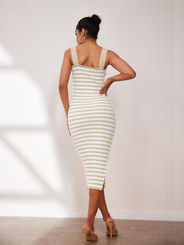 MEROKEETY Women's 2024 Summer Striped Knit Bodycon Midi Dress Square Neck Side Slit Tank Ribbed Sweater Dresses - Image 7