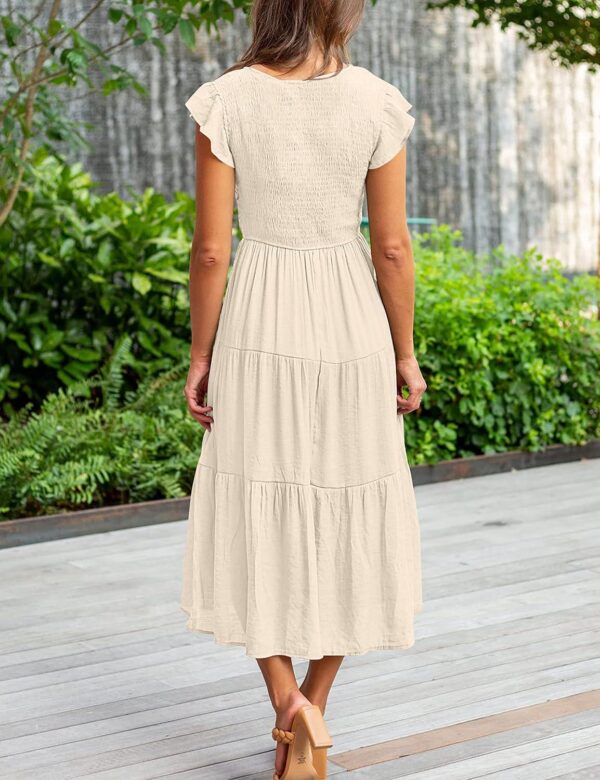 MEROKEETY Women's Flutter Sleeve Smocked Midi Dress V Neck Casual Tiered Dresses with Pockets - Image 4