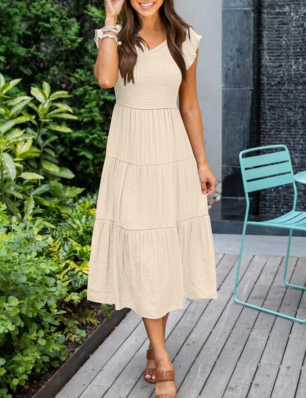 MEROKEETY Women's Flutter Sleeve Smocked Midi Dress V Neck Casual Tiered Dresses with Pockets - Image 6